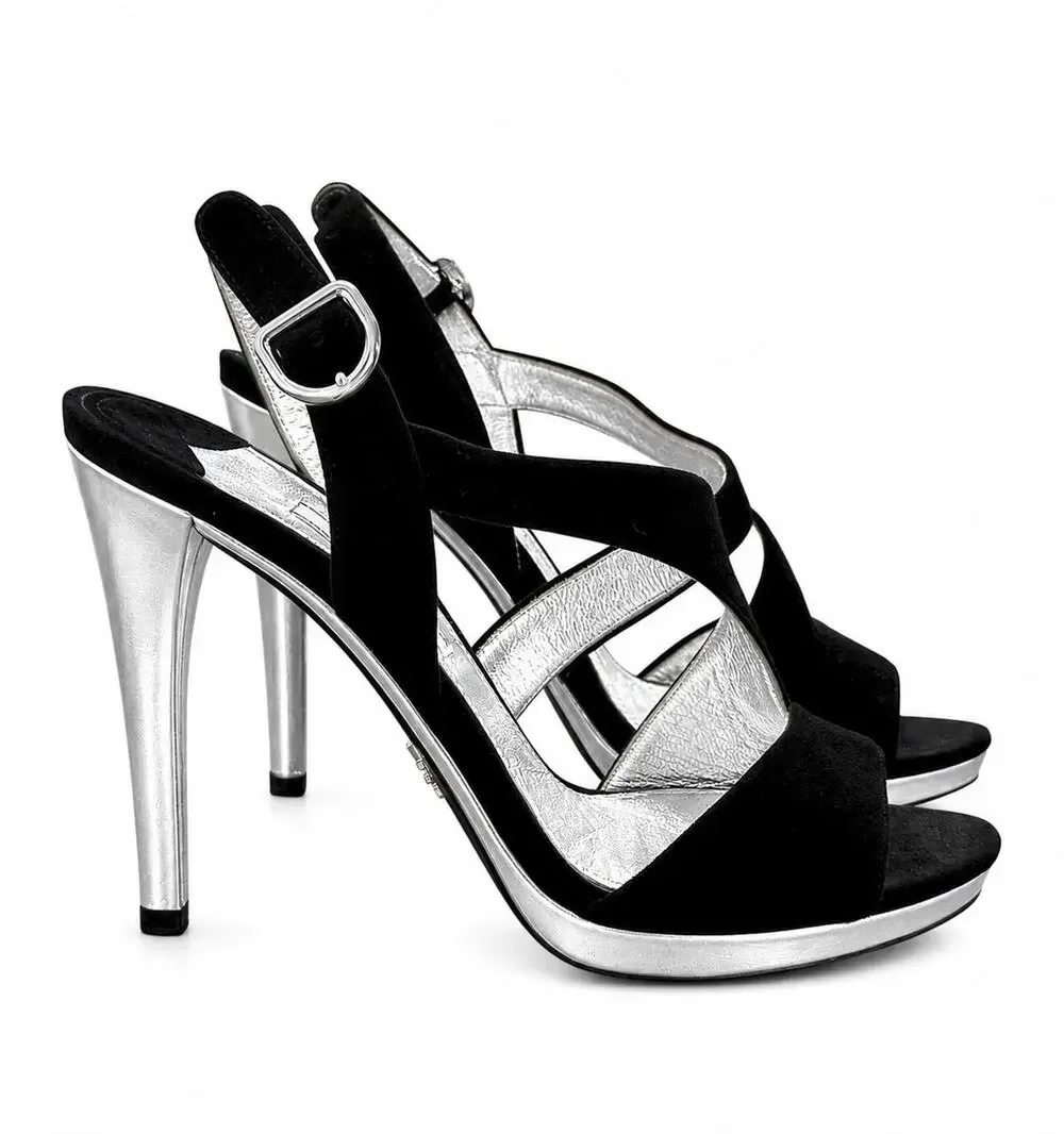 Prada Black Suede Silver Metallic Platform Slingback Heels Sandals EU 37